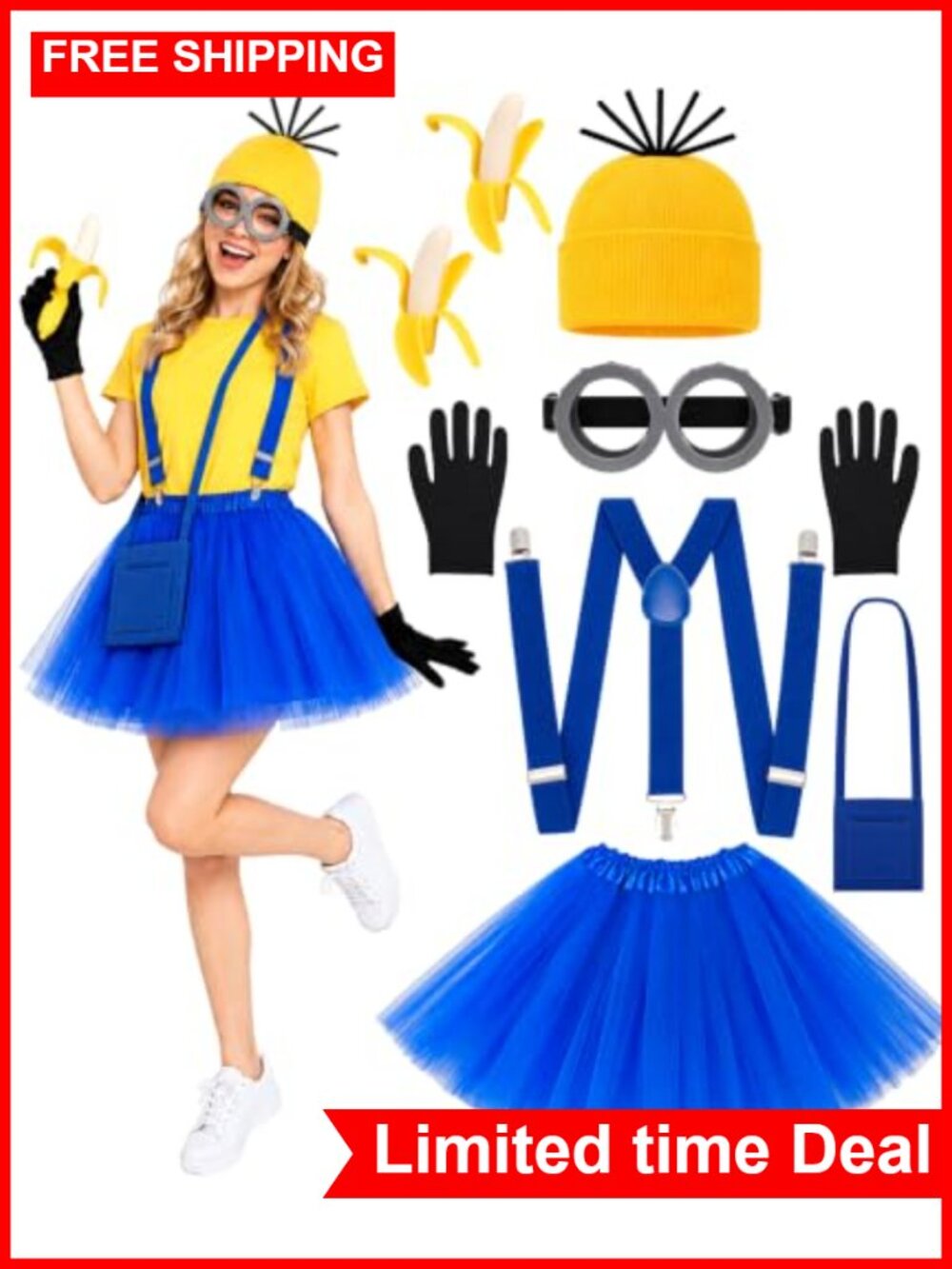 8Pc Halloween Costume Accessory Set Knit Hat Tutu Suspenders Gloves Goggles